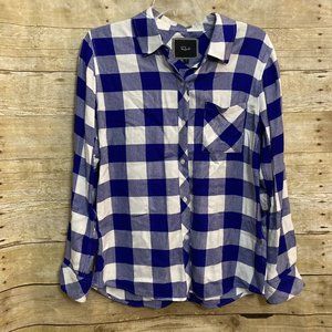 Rails Hunter Size S  Button Front Collared Blouse Blue White Buffalo Check Plaid